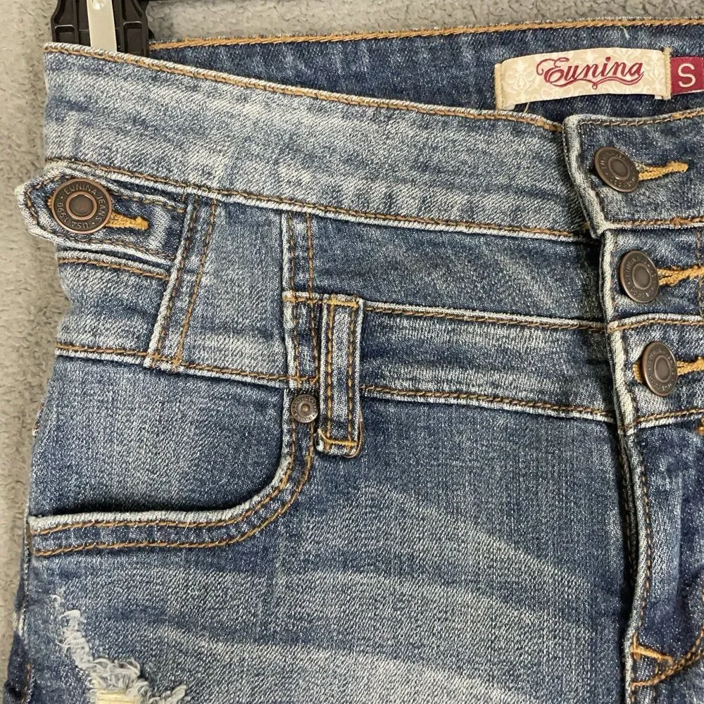 Eunina Denim Shorts Womens Size S High Rise Shortie Button Fly Distressed Cuffed